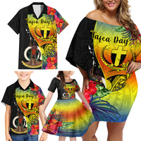 Vanuatu Tafea Day Family Matching Off Shoulder Short Dress and Hawaiian Shirt Coat Of Arms Mix Tropical Flowers LT14 - Polynesian Pride