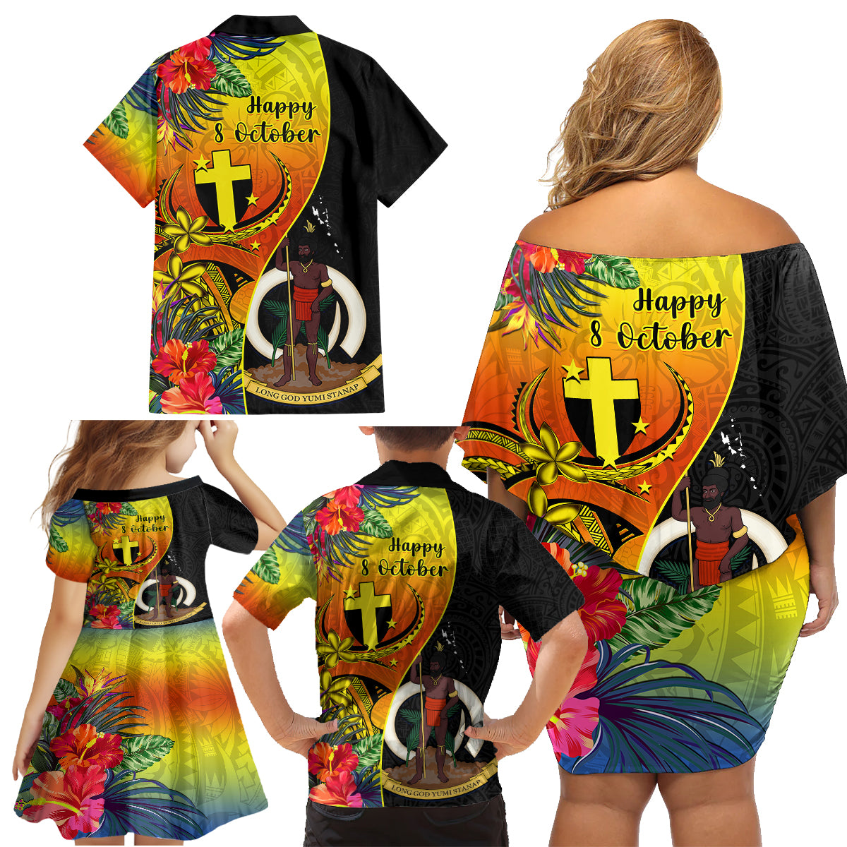 Vanuatu Tafea Day Family Matching Off Shoulder Short Dress and Hawaiian Shirt Coat Of Arms Mix Tropical Flowers LT14 - Polynesian Pride