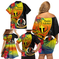 Vanuatu Tafea Day Family Matching Off Shoulder Short Dress and Hawaiian Shirt Coat Of Arms Mix Tropical Flowers LT14 - Polynesian Pride