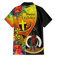 Vanuatu Tafea Day Family Matching Off Shoulder Short Dress and Hawaiian Shirt Coat Of Arms Mix Tropical Flowers LT14 - Polynesian Pride