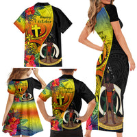 Vanuatu Tafea Day Family Matching Short Sleeve Bodycon Dress and Hawaiian Shirt Coat Of Arms Mix Tropical Flowers LT14 - Polynesian Pride