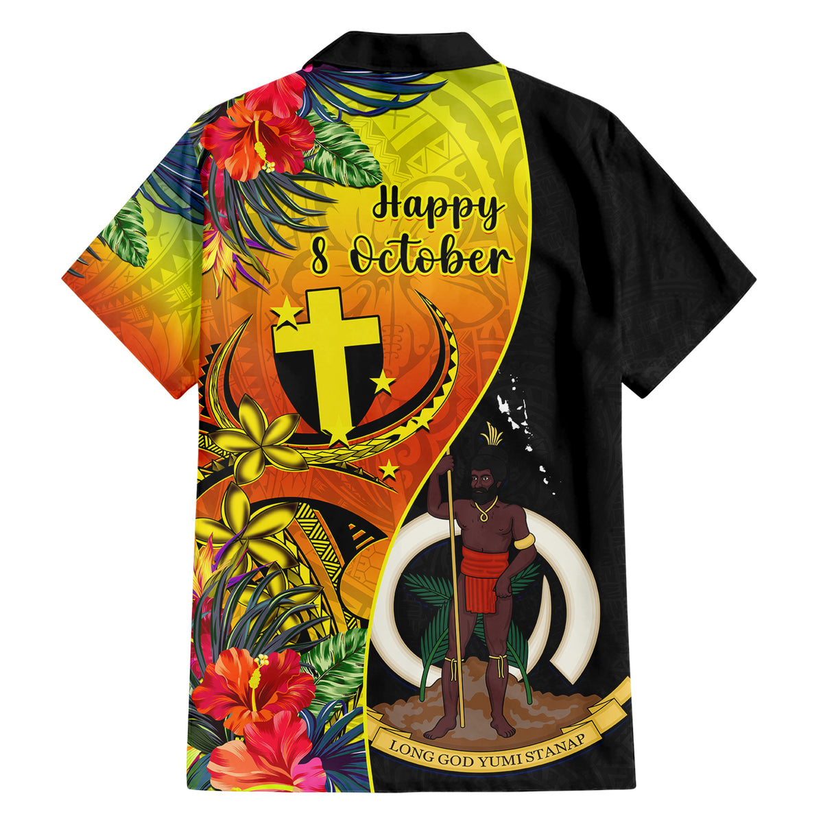 Vanuatu Tafea Day Family Matching Short Sleeve Bodycon Dress and Hawaiian Shirt Coat Of Arms Mix Tropical Flowers LT14 - Polynesian Pride