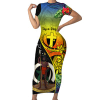 Vanuatu Tafea Day Family Matching Short Sleeve Bodycon Dress and Hawaiian Shirt Coat Of Arms Mix Tropical Flowers LT14 Mom's Dress Black - Polynesian Pride