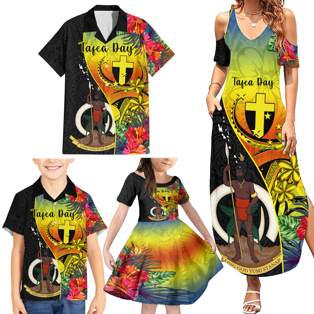 Vanuatu Tafea Day Family Matching Summer Maxi Dress and Hawaiian Shirt Coat Of Arms Mix Tropical Flowers LT14 - Polynesian Pride