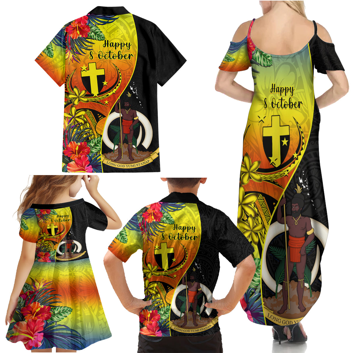 Vanuatu Tafea Day Family Matching Summer Maxi Dress and Hawaiian Shirt Coat Of Arms Mix Tropical Flowers LT14 - Polynesian Pride