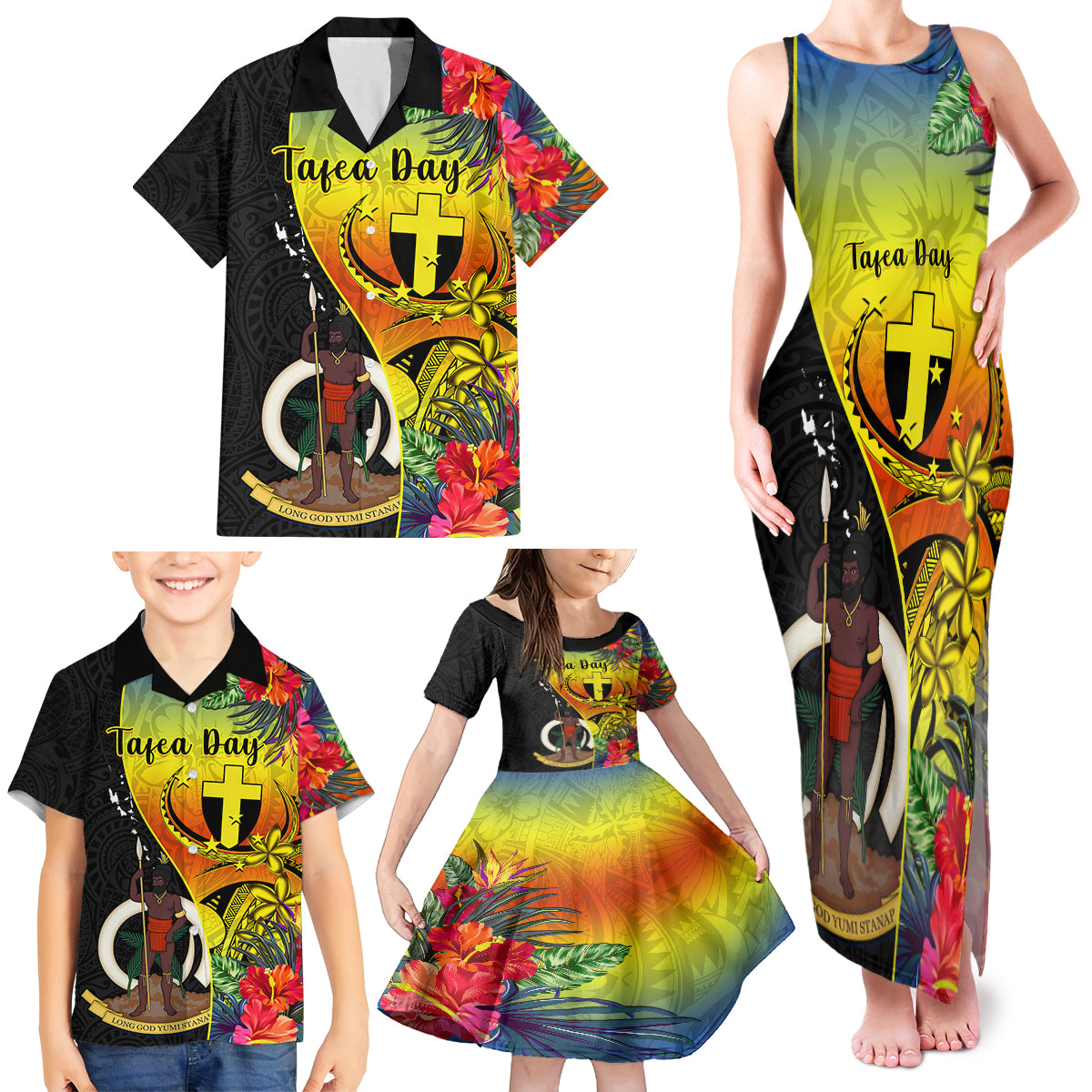 Vanuatu Tafea Day Family Matching Tank Maxi Dress and Hawaiian Shirt Coat Of Arms Mix Tropical Flowers LT14 - Polynesian Pride