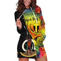 Vanuatu Tafea Day Hoodie Dress Coat Of Arms Mix Tropical Flowers LT14 Black - Polynesian Pride