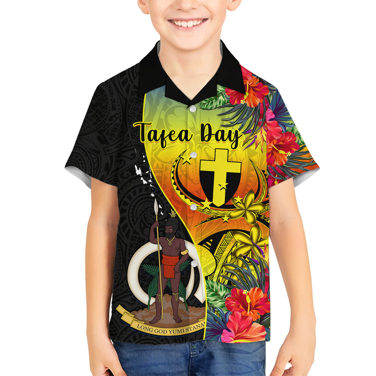 Vanuatu Tafea Day Kid Hawaiian Shirt Coat Of Arms Mix Tropical Flowers LT14 Kid Black - Polynesian Pride