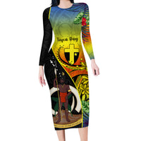 Vanuatu Tafea Day Long Sleeve Bodycon Dress Coat Of Arms Mix Tropical Flowers LT14 Long Dress Black - Polynesian Pride