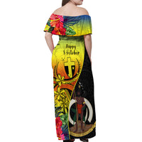 Vanuatu Tafea Day Off Shoulder Maxi Dress Coat Of Arms Mix Tropical Flowers LT14 - Polynesian Pride