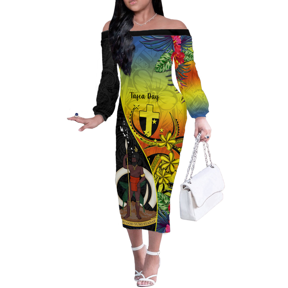 Vanuatu Tafea Day Off The Shoulder Long Sleeve Dress Coat Of Arms Mix Tropical Flowers LT14 Women Black - Polynesian Pride