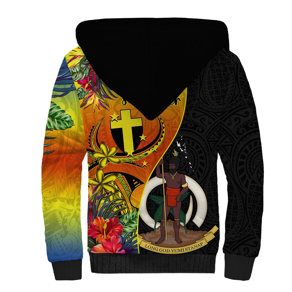 Vanuatu Tafea Day Sherpa Hoodie Coat Of Arms Mix Tropical Flowers LT14 - Polynesian Pride