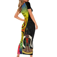 Vanuatu Tafea Day Short Sleeve Bodycon Dress Coat Of Arms Mix Tropical Flowers LT14 - Polynesian Pride