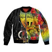 Vanuatu Tafea Day Sleeve Zip Bomber Jacket Coat Of Arms Mix Tropical Flowers LT14 Unisex Black - Polynesian Pride