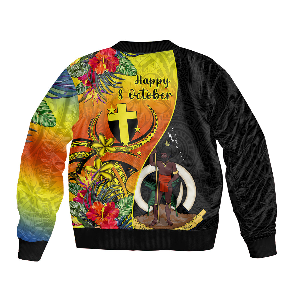 Vanuatu Tafea Day Sleeve Zip Bomber Jacket Coat Of Arms Mix Tropical Flowers LT14 - Polynesian Pride