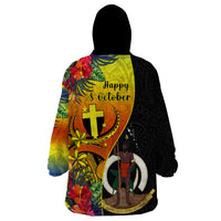 Vanuatu Tafea Day Wearable Blanket Hoodie Coat Of Arms Mix Tropical Flowers LT14 - Polynesian Pride