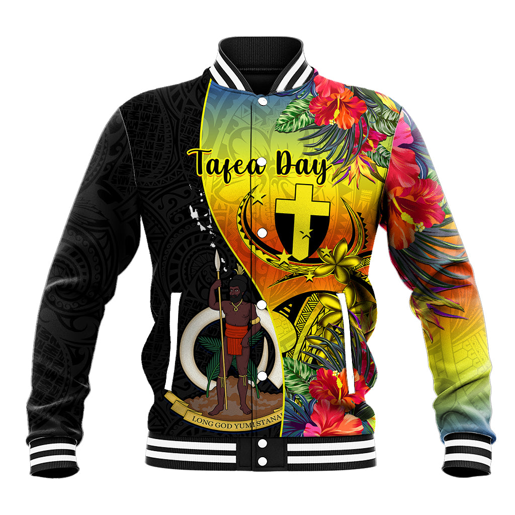 Personalised Vanuatu Tafea Day Baseball Jacket Coat Of Arms Mix Tropical Flowers LT14 Unisex Black - Polynesian Pride