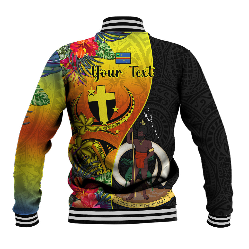 Personalised Vanuatu Tafea Day Baseball Jacket Coat Of Arms Mix Tropical Flowers LT14 - Polynesian Pride