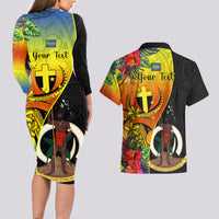 Personalised Vanuatu Tafea Day Couples Matching Long Sleeve Bodycon Dress and Hawaiian Shirt Coat Of Arms Mix Tropical Flowers LT14 - Polynesian Pride