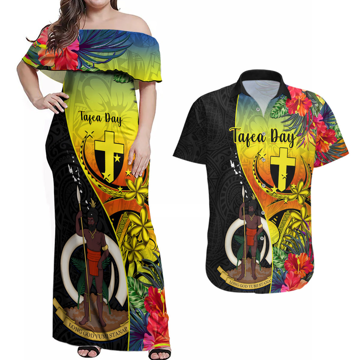 Personalised Vanuatu Tafea Day Couples Matching Off Shoulder Maxi Dress and Hawaiian Shirt Coat Of Arms Mix Tropical Flowers LT14 Black - Polynesian Pride