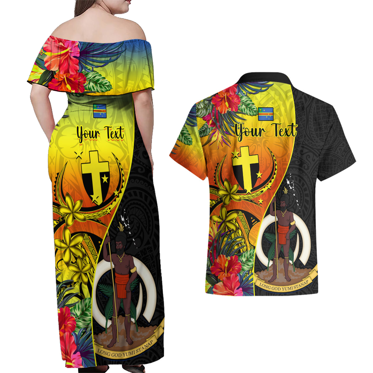 Personalised Vanuatu Tafea Day Couples Matching Off Shoulder Maxi Dress and Hawaiian Shirt Coat Of Arms Mix Tropical Flowers LT14 - Polynesian Pride