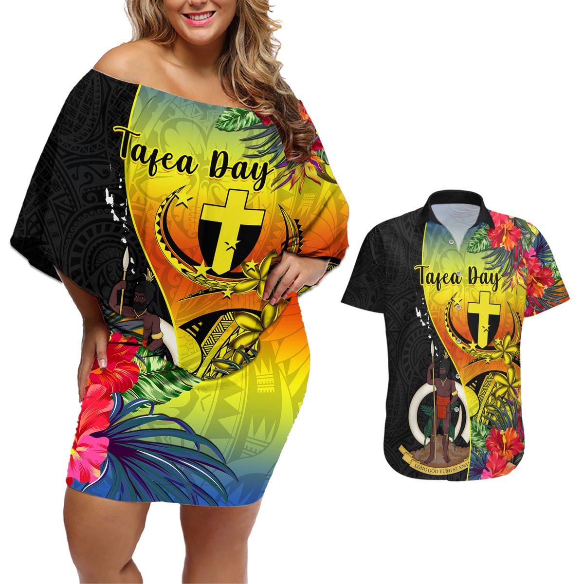Personalised Vanuatu Tafea Day Couples Matching Off Shoulder Short Dress and Hawaiian Shirt Coat Of Arms Mix Tropical Flowers LT14 Black - Polynesian Pride