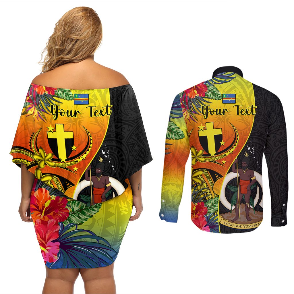 Personalised Vanuatu Tafea Day Couples Matching Off Shoulder Short Dress and Long Sleeve Button Shirts Coat Of Arms Mix Tropical Flowers LT14 - Polynesian Pride
