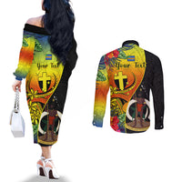 Personalised Vanuatu Tafea Day Couples Matching Off The Shoulder Long Sleeve Dress and Long Sleeve Button Shirts Coat Of Arms Mix Tropical Flowers LT14 - Polynesian Pride