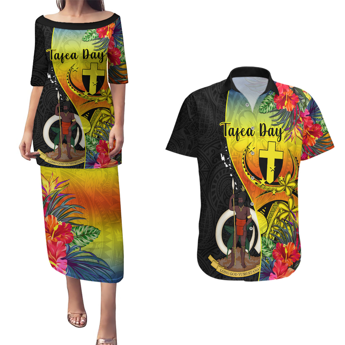 Personalised Vanuatu Tafea Day Couples Matching Puletasi Dress and Hawaiian Shirt Coat Of Arms Mix Tropical Flowers LT14 Black - Polynesian Pride