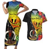 Personalised Vanuatu Tafea Day Couples Matching Short Sleeve Bodycon Dress and Hawaiian Shirt Coat Of Arms Mix Tropical Flowers LT14 Black - Polynesian Pride