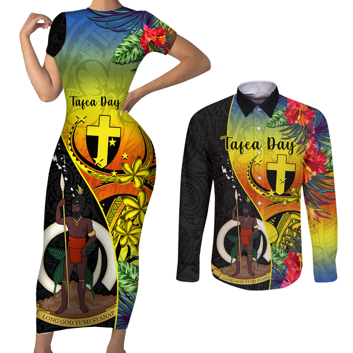 Personalised Vanuatu Tafea Day Couples Matching Short Sleeve Bodycon Dress and Long Sleeve Button Shirts Coat Of Arms Mix Tropical Flowers LT14 Black - Polynesian Pride