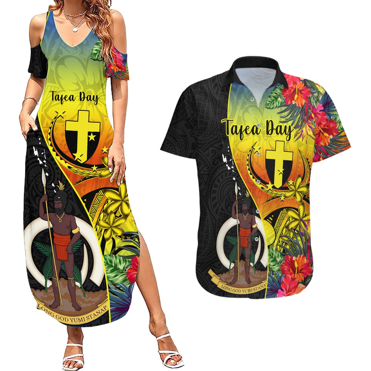personalised-vanuatu-tafea-day-couples-matching-summer-maxi-dress-and-hawaiian-shirt-coat-of-arms-mix-tropical-flowers