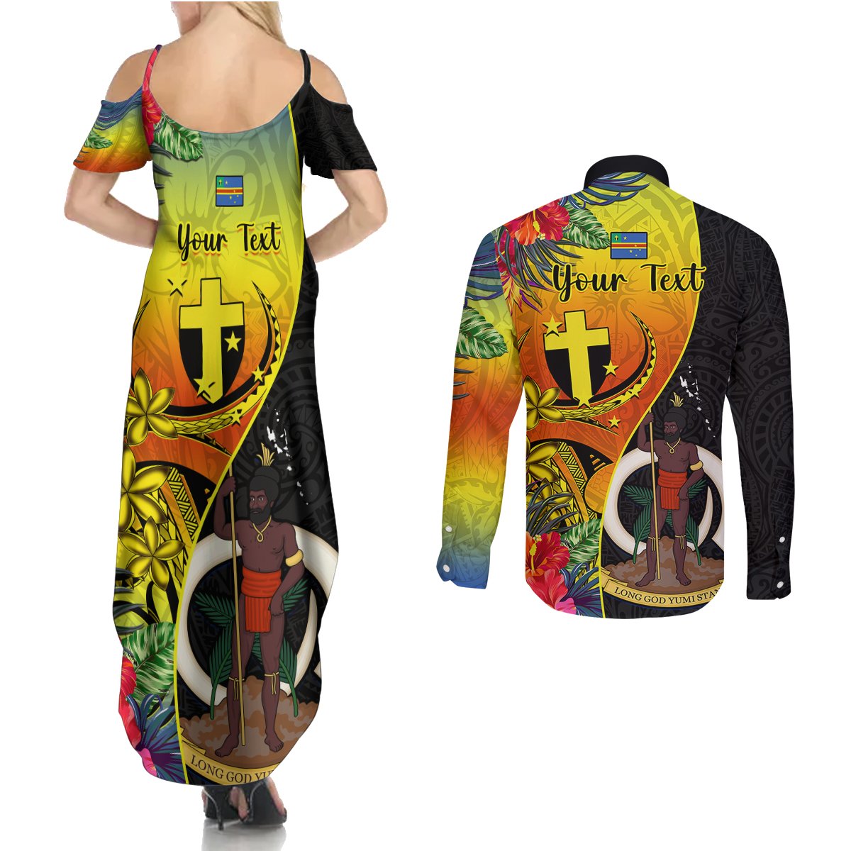 Personalised Vanuatu Tafea Day Couples Matching Summer Maxi Dress and Long Sleeve Button Shirts Coat Of Arms Mix Tropical Flowers LT14 - Polynesian Pride