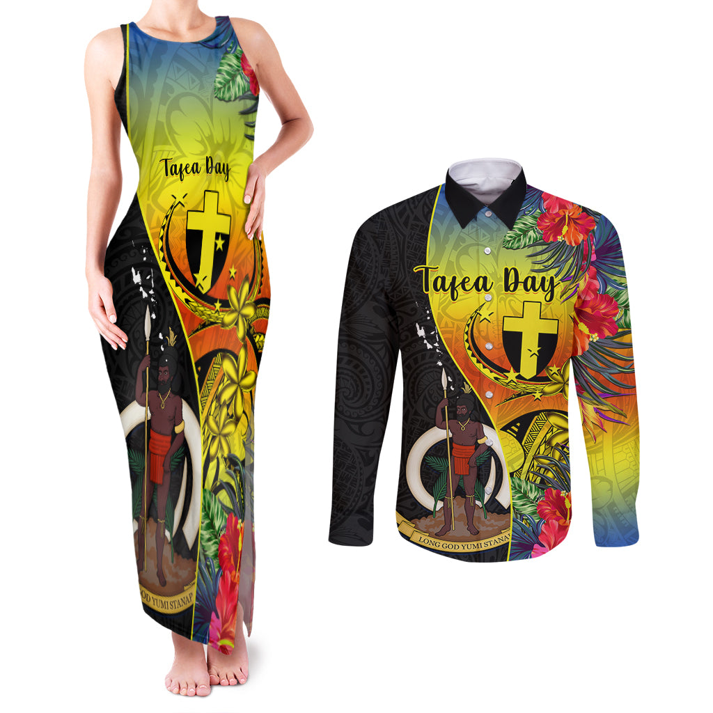 Personalised Vanuatu Tafea Day Couples Matching Tank Maxi Dress and Long Sleeve Button Shirts Coat Of Arms Mix Tropical Flowers LT14 Black - Polynesian Pride