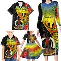Personalised Vanuatu Tafea Day Family Matching Long Sleeve Bodycon Dress and Hawaiian Shirt Coat Of Arms Mix Tropical Flowers LT14 - Polynesian Pride