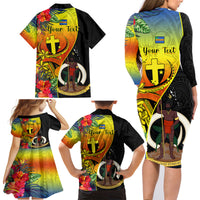 Personalised Vanuatu Tafea Day Family Matching Long Sleeve Bodycon Dress and Hawaiian Shirt Coat Of Arms Mix Tropical Flowers LT14 - Polynesian Pride