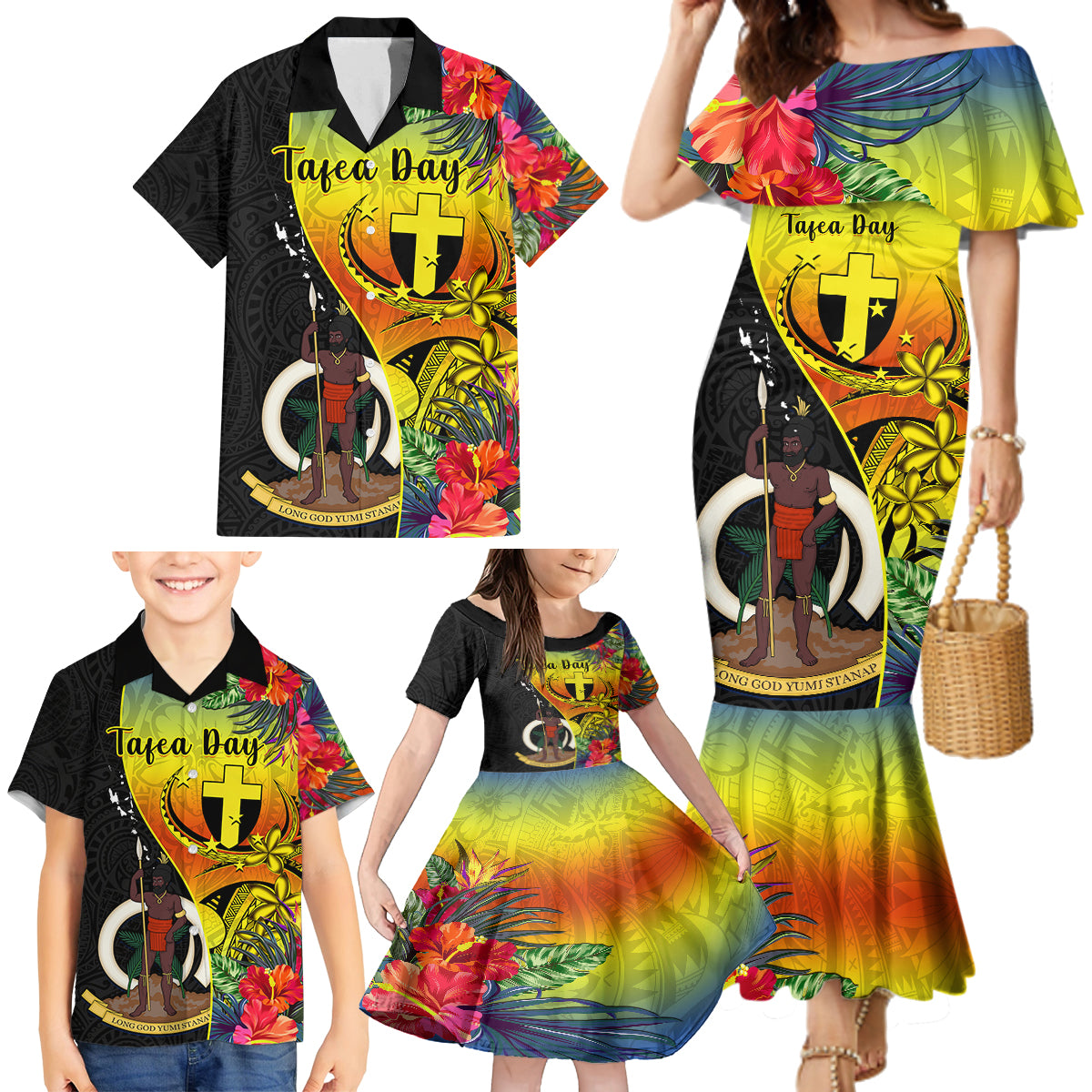 Personalised Vanuatu Tafea Day Family Matching Mermaid Dress and Hawaiian Shirt Coat Of Arms Mix Tropical Flowers LT14 - Polynesian Pride