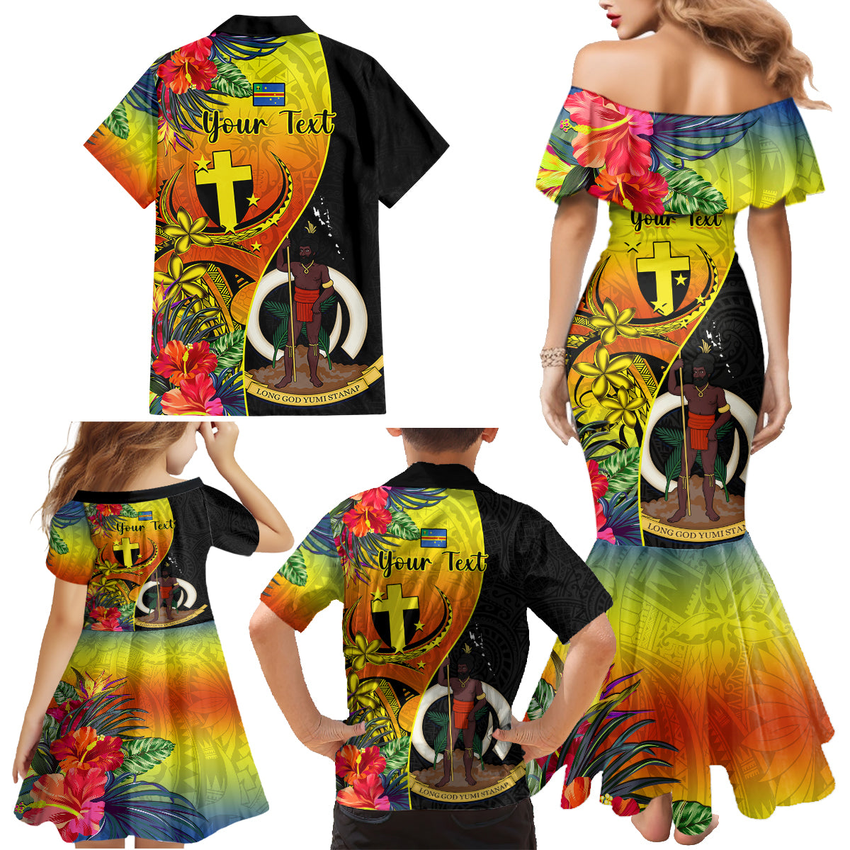 Personalised Vanuatu Tafea Day Family Matching Mermaid Dress and Hawaiian Shirt Coat Of Arms Mix Tropical Flowers LT14 - Polynesian Pride