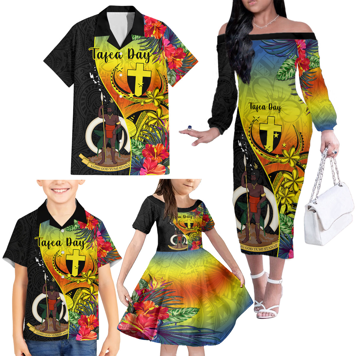 Personalised Vanuatu Tafea Day Family Matching Off Shoulder Long Sleeve Dress and Hawaiian Shirt Coat Of Arms Mix Tropical Flowers LT14 - Polynesian Pride