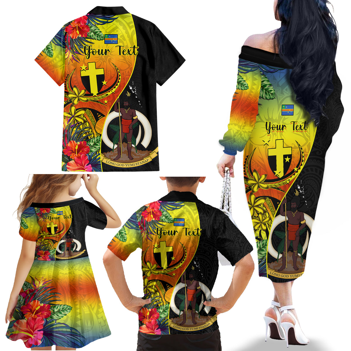 Personalised Vanuatu Tafea Day Family Matching Off Shoulder Long Sleeve Dress and Hawaiian Shirt Coat Of Arms Mix Tropical Flowers LT14 - Polynesian Pride