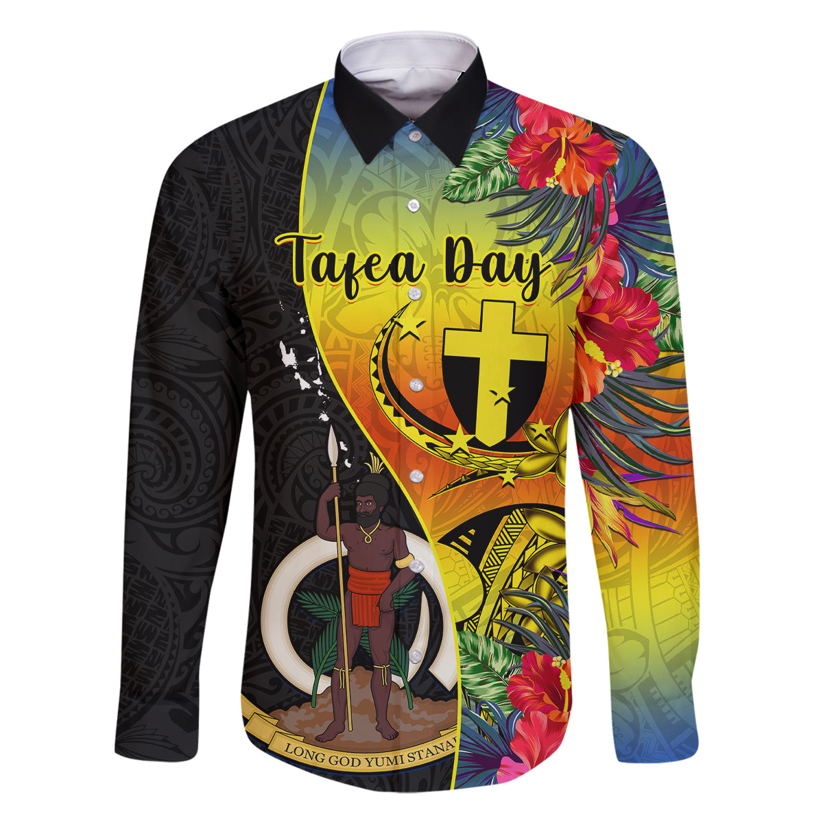 Personalised Vanuatu Tafea Day Family Matching Off Shoulder Maxi Dress and Hawaiian Shirt Coat Of Arms Mix Tropical Flowers LT14 Dad's Shirt - Long Sleeve Black - Polynesian Pride