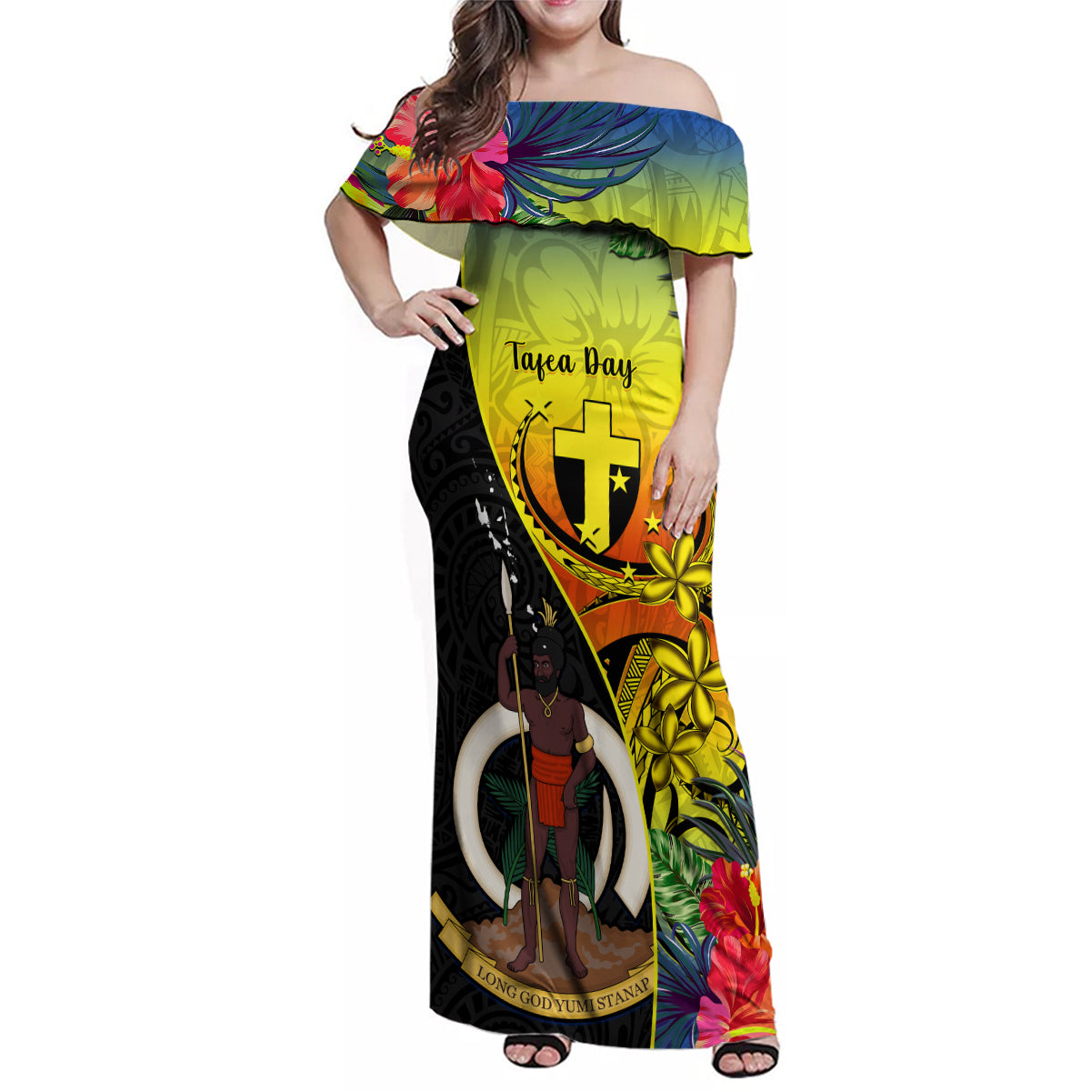 Personalised Vanuatu Tafea Day Family Matching Off Shoulder Maxi Dress and Hawaiian Shirt Coat Of Arms Mix Tropical Flowers LT14 Mom's Dress Black - Polynesian Pride