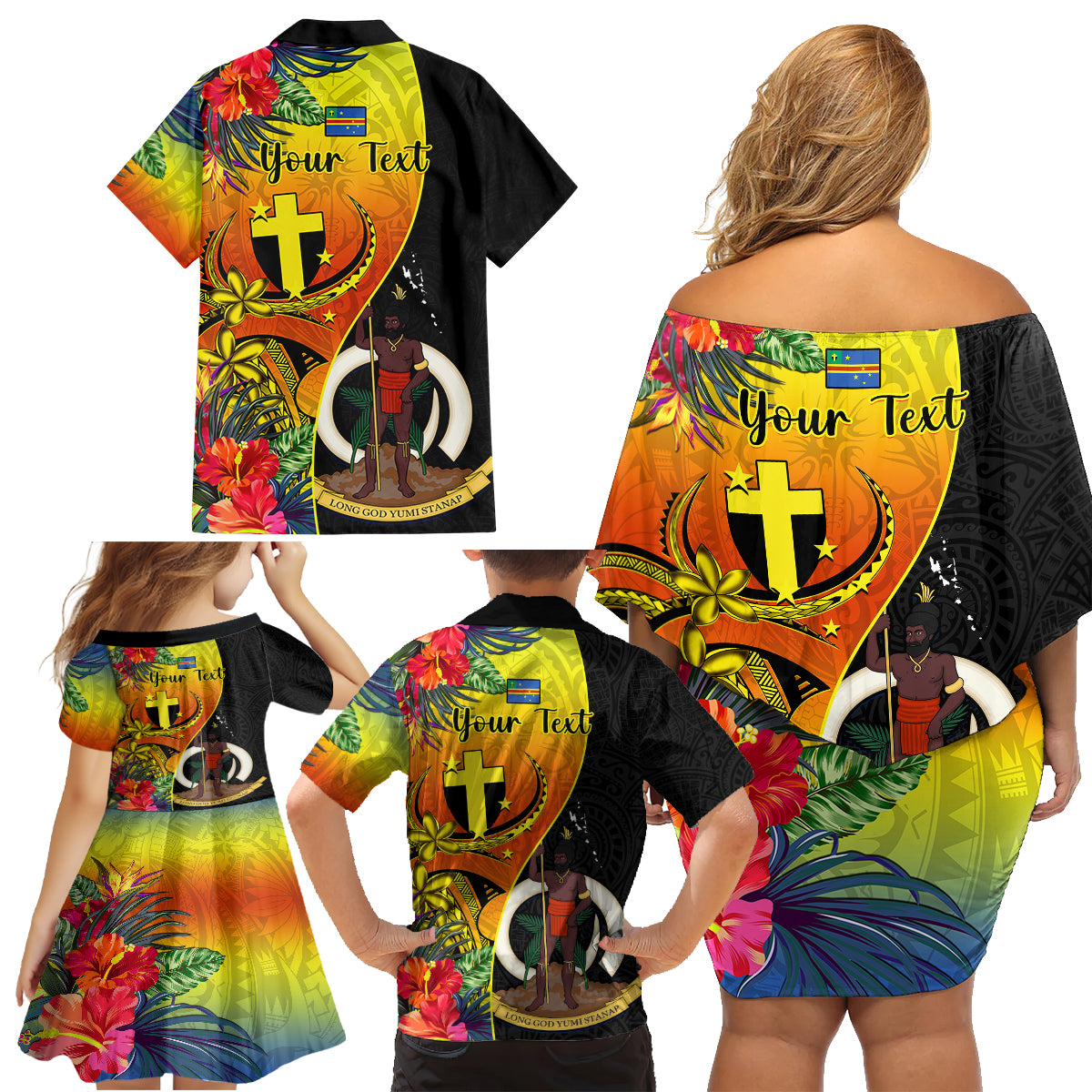 Personalised Vanuatu Tafea Day Family Matching Off Shoulder Short Dress and Hawaiian Shirt Coat Of Arms Mix Tropical Flowers LT14 - Polynesian Pride
