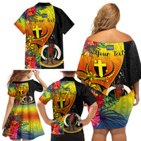 Personalised Vanuatu Tafea Day Family Matching Off Shoulder Short Dress and Hawaiian Shirt Coat Of Arms Mix Tropical Flowers LT14 - Polynesian Pride