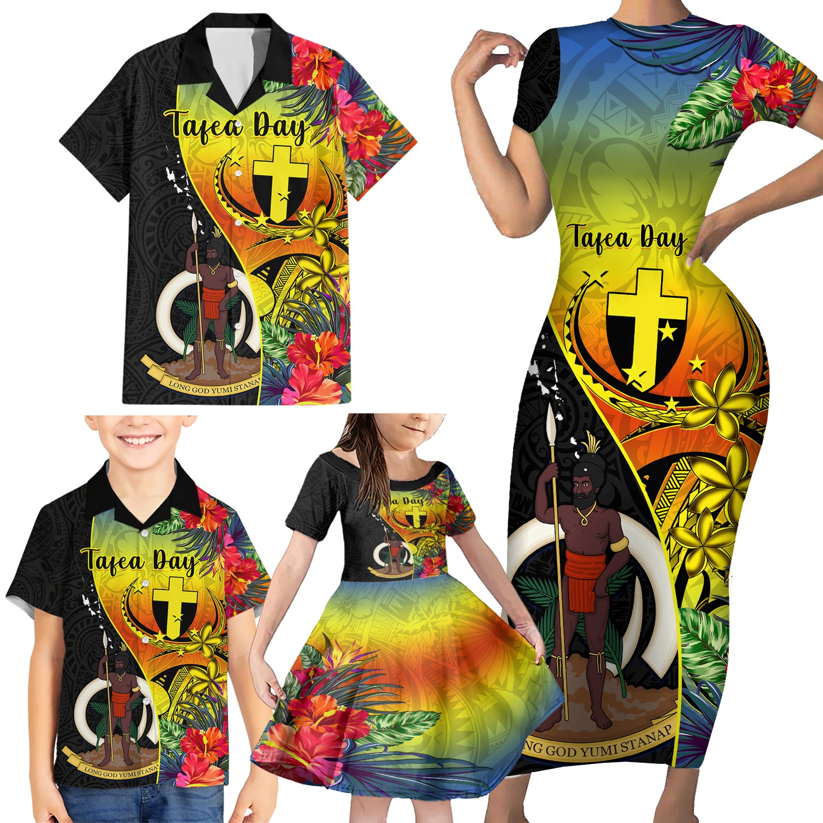 Personalised Vanuatu Tafea Day Family Matching Short Sleeve Bodycon Dress and Hawaiian Shirt Coat Of Arms Mix Tropical Flowers LT14 - Polynesian Pride
