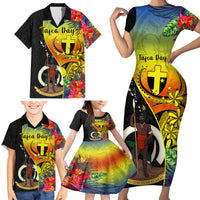 Personalised Vanuatu Tafea Day Family Matching Short Sleeve Bodycon Dress and Hawaiian Shirt Coat Of Arms Mix Tropical Flowers LT14 - Polynesian Pride