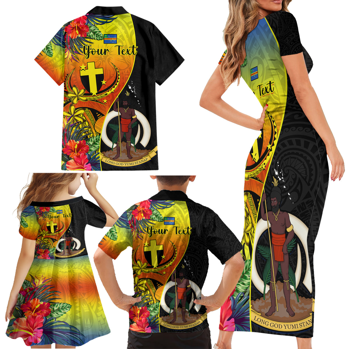 Personalised Vanuatu Tafea Day Family Matching Short Sleeve Bodycon Dress and Hawaiian Shirt Coat Of Arms Mix Tropical Flowers LT14 - Polynesian Pride