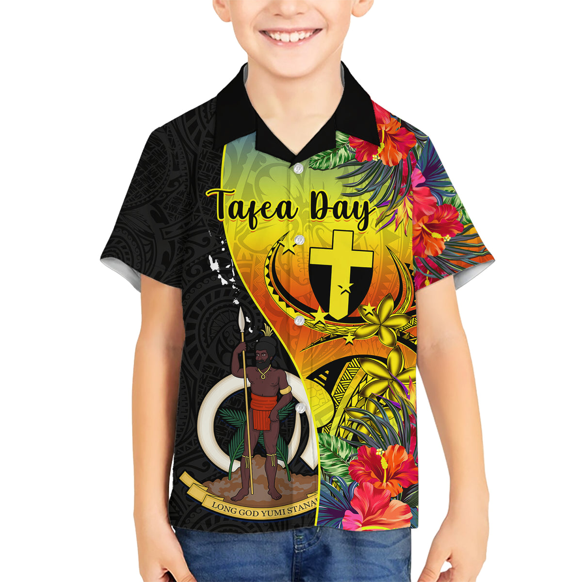 Personalised Vanuatu Tafea Day Family Matching Short Sleeve Bodycon Dress and Hawaiian Shirt Coat Of Arms Mix Tropical Flowers LT14 Son's Shirt Black - Polynesian Pride