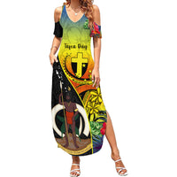 Personalised Vanuatu Tafea Day Family Matching Summer Maxi Dress and Hawaiian Shirt Coat Of Arms Mix Tropical Flowers LT14 Mom's Dress Black - Polynesian Pride