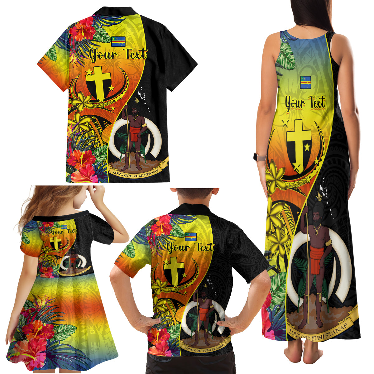 Personalised Vanuatu Tafea Day Family Matching Tank Maxi Dress and Hawaiian Shirt Coat Of Arms Mix Tropical Flowers LT14 - Polynesian Pride